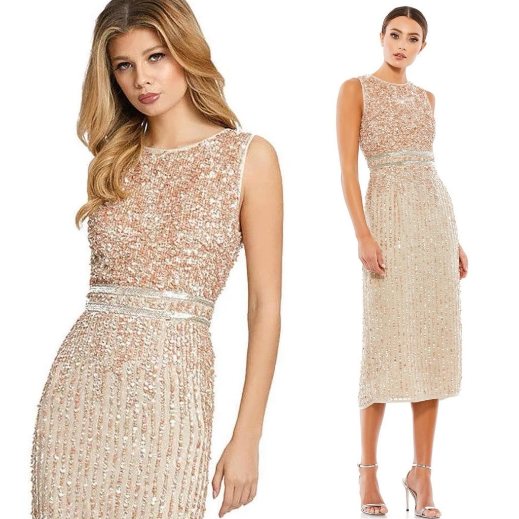 Mac Duggal Rose Gold Sequin Midi Dress
